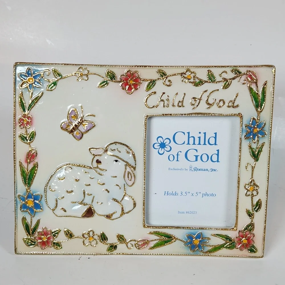 Enamel Child Of God Picture Frame Floral‎ Lamb  3.5x5 Photo Baby Nursery Retro